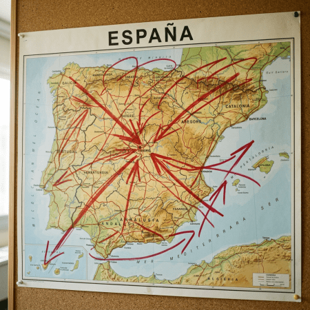 Map of Spain with red arrows marking travel routes from a central location
